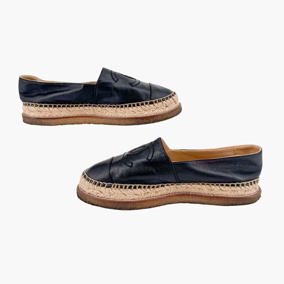 Chanel Black Leather CC Logo Espadrille Flats Size 39 US 8.5 Platform Shoes - Picture 9 of 14